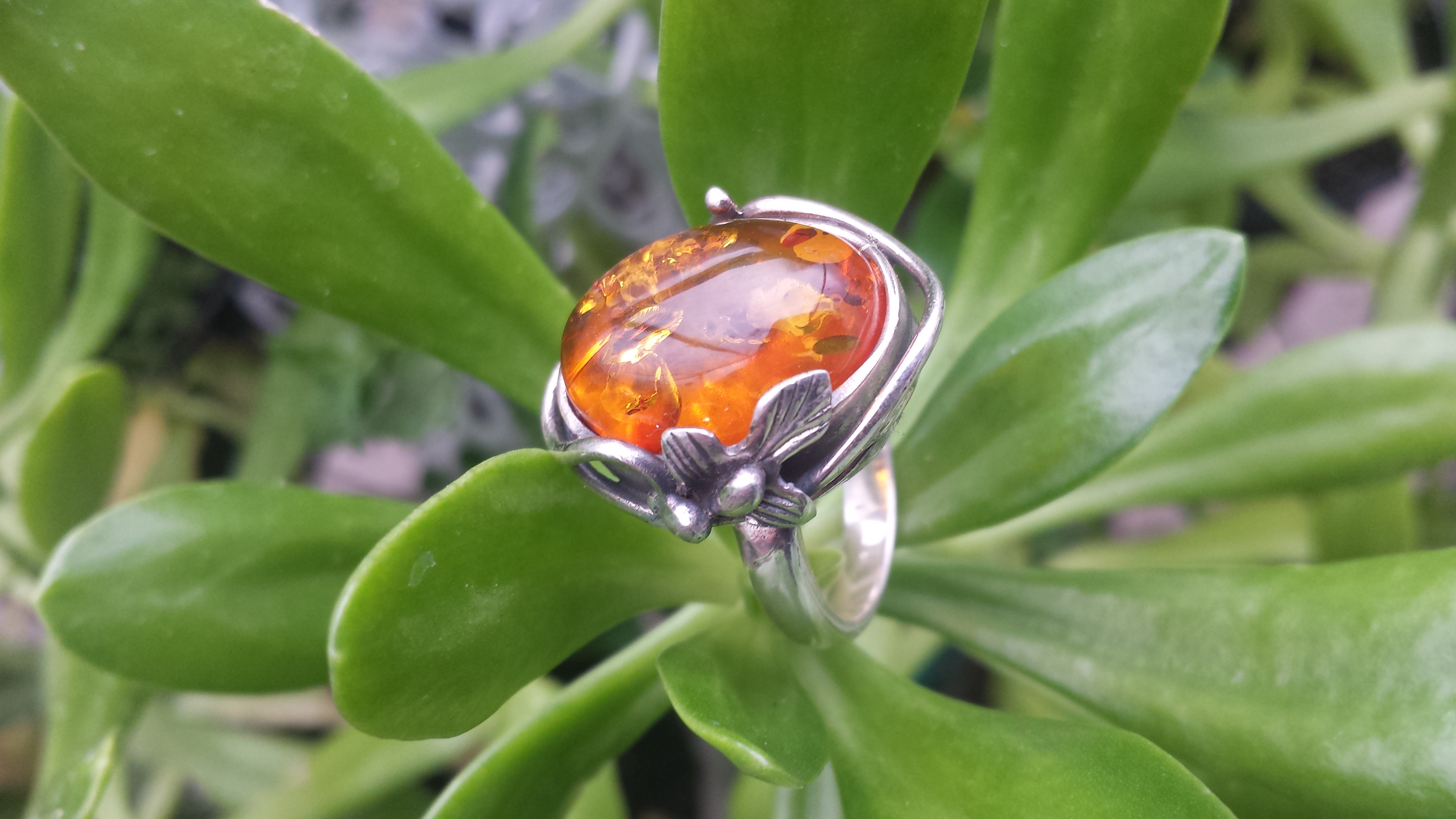 SUPERB AMBER RING WITH SOLID 925 STERLING SILVER Size 7   10G